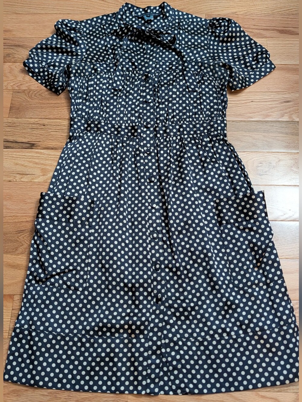 French Connection Silk Cotton Blend Polka Dot Button Front Shirt Dress Midi 8